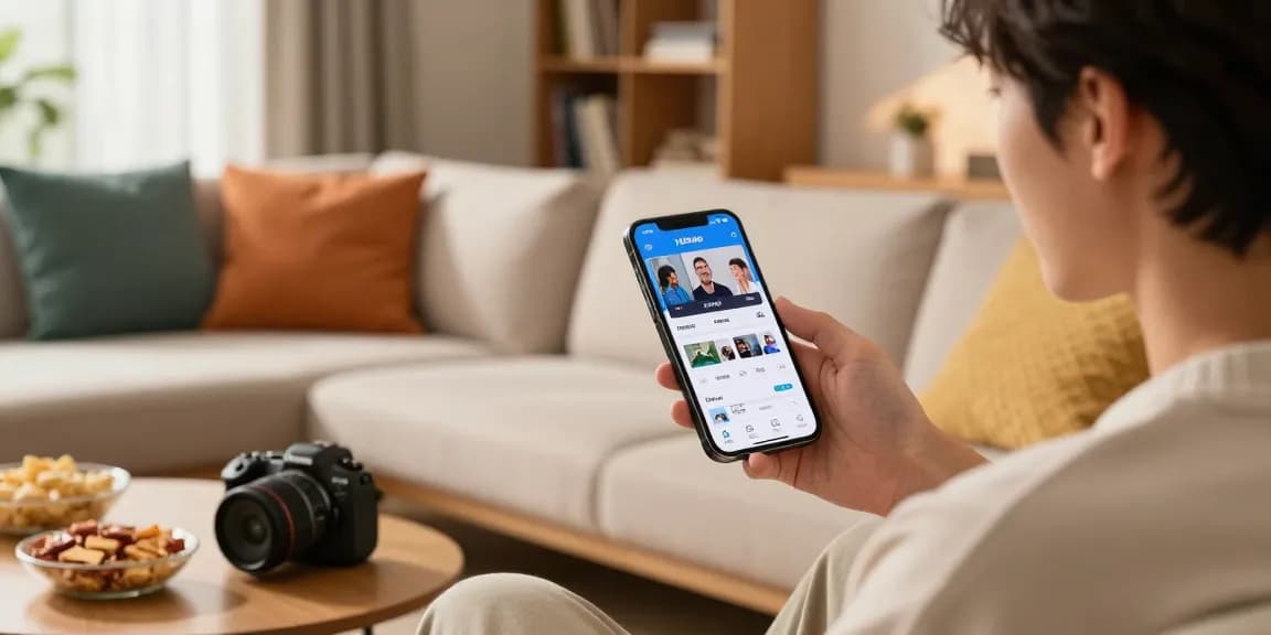 Enjoy streaming with Vidmate app in a cozy living room setting, showcasing mobile video download capabilities.