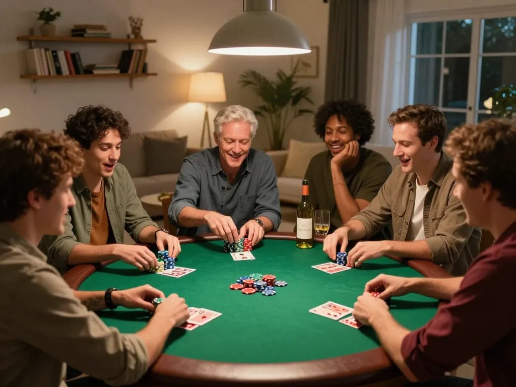 A group of friends enjoying a lively poker night at home, capturing the excitement of gameplay at https://vk88.vc/ with poker chips stacked high and relaxed atmosphere.