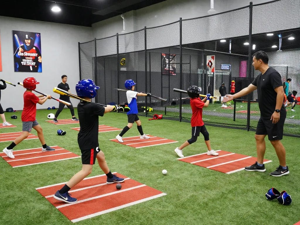 Young athletes training at hitclub batting cages with coaches providing support in a bright gym