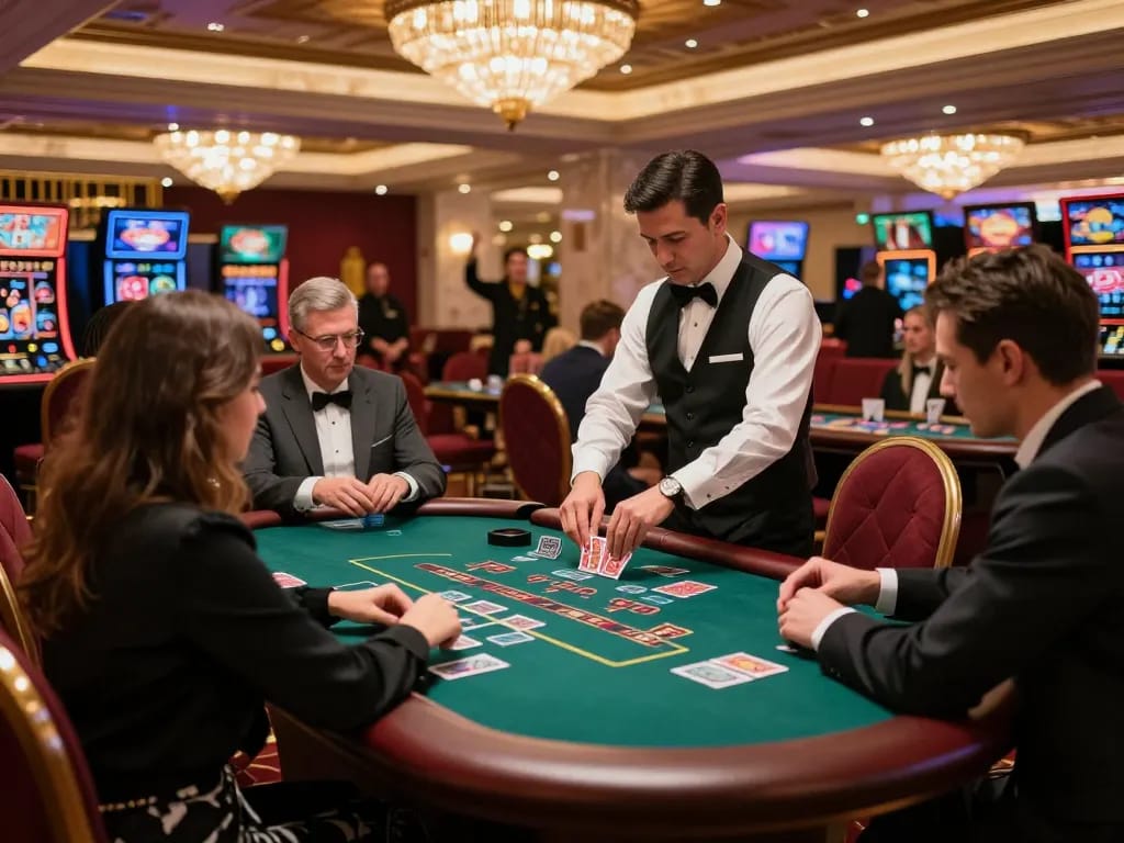 Engage in thrilling blackjack action at GG777 casino, showcasing players, dealer, and upscale décor.