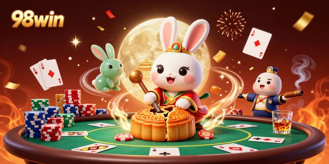Experience 98win's lively casino scene with a moon rabbit and poker elements celebrating fortune.