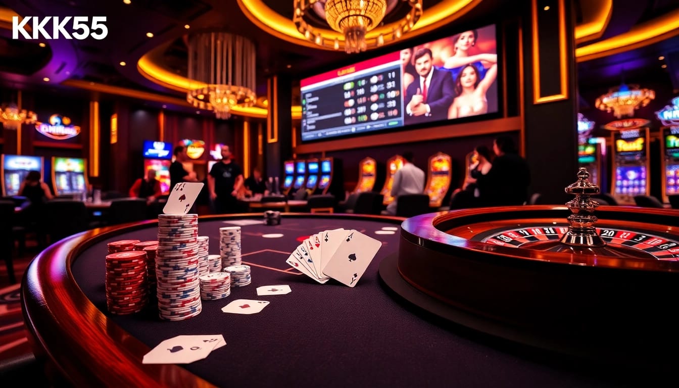 Experience thrilling gameplay with KK55 at a luxurious casino table featuring poker chips and cards.