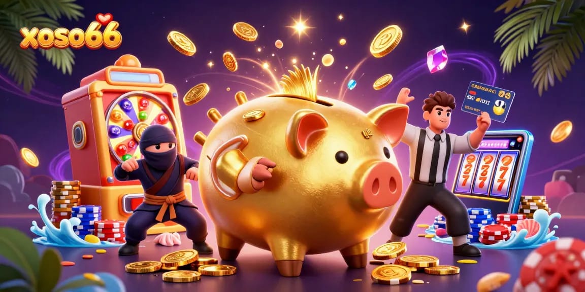 xoso66 brings exciting lottery action featuring a golden piggy bank sumo wrestler, wallet-ninja, and card samurai!