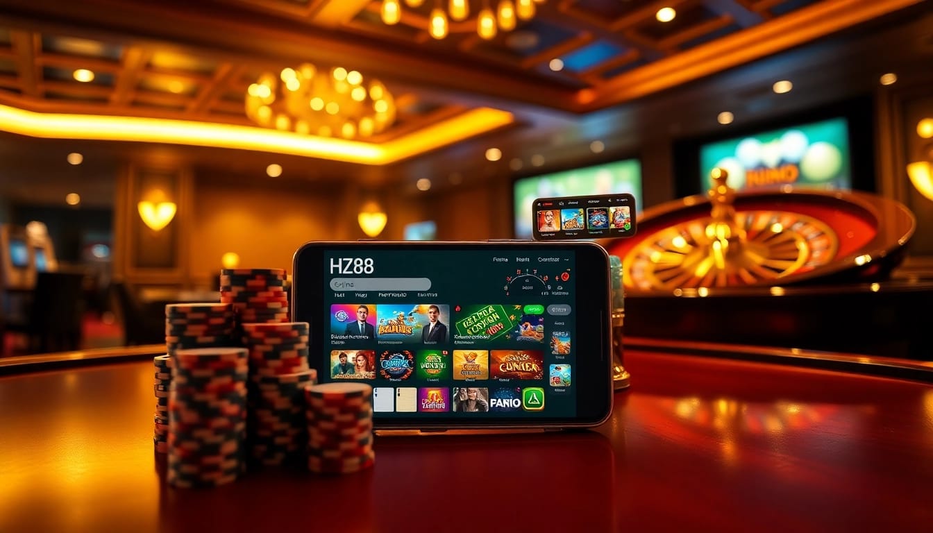 HZ88 showcases a vibrant online casino scene with poker chips and a roulette wheel.