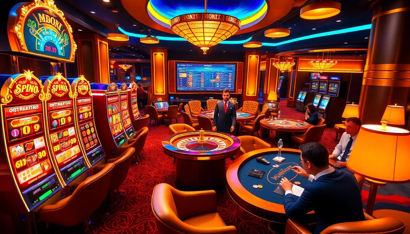 Mmoo.com players enjoying the vibrant casino atmosphere with engaging games like slots and roulette.