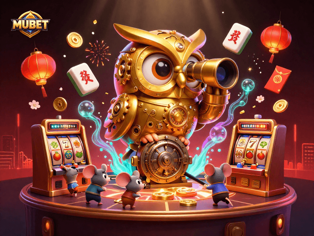 MUBET offers an exciting casino scene with a golden owl and lively slot machines.