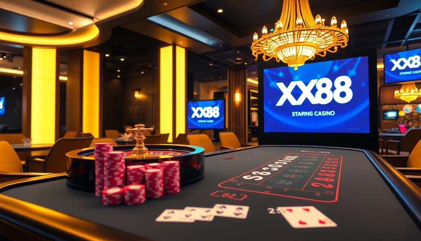 Exciting gambling scene showcasing XX88 logo with poker chips and roulette wheel.
