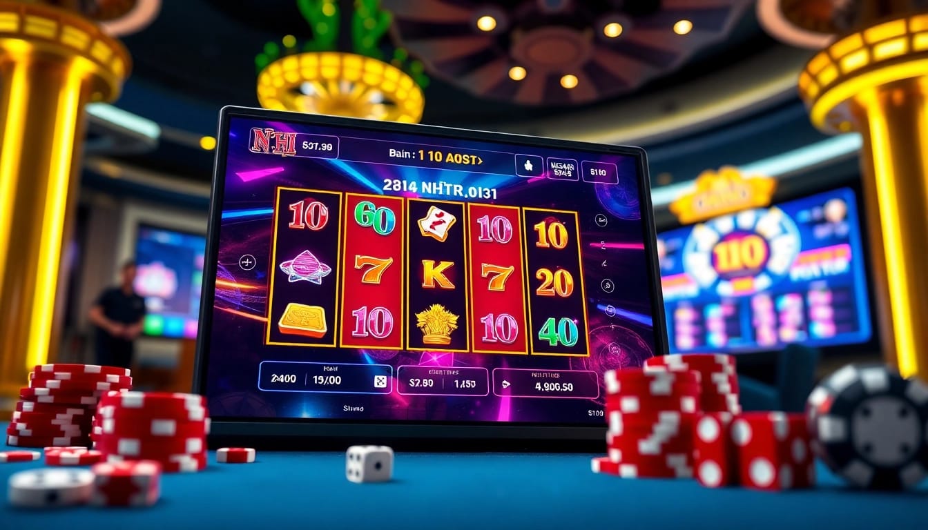 Nổ Hũ game showcasing vibrant slot reels and casino ambiance filled with excitement.