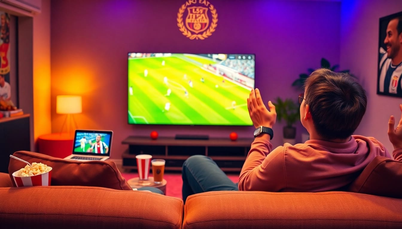 Fan enjoying a live soccer match on luongsontv in a cozy setting with vibrant team colors and excitement.