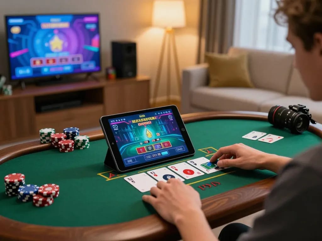 Experience thrilling online gambling with 789win.com in a cozy living space, showcasing a dynamic live dealer game.