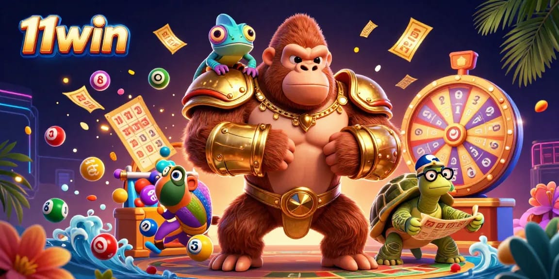 Exciting scene showcasing 11win's immersive casino experience with vibrant elements and lively characters.