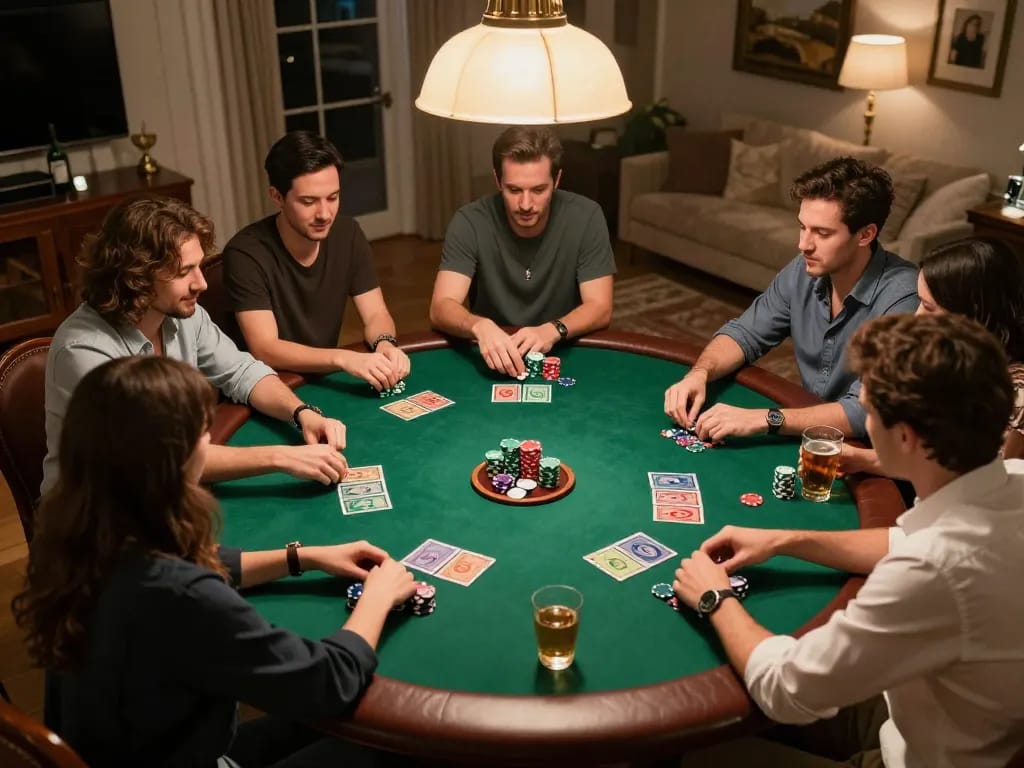 Nyonya9 players engaged in a strategic poker game night at home, showcasing camaraderie and excitement.