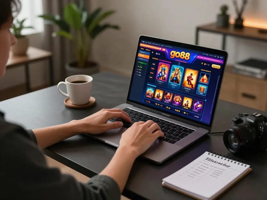 Player exploring go88 casino app on laptop, enhancing online gambling experience with strategic notes.