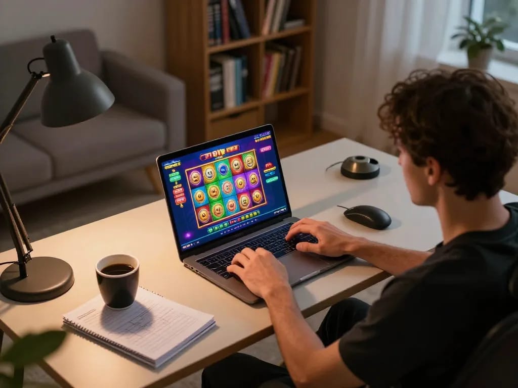 Enjoying an exciting 789F gaming experience with vibrant slot games on a laptop in a cozy home setting