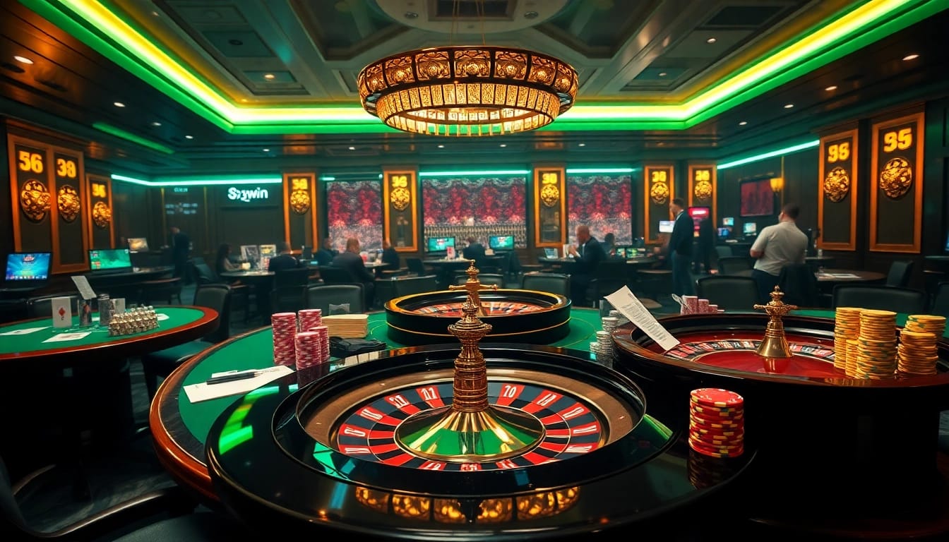 Players engage in high-stakes poker at 33win's vibrant casino tables with colorful chips and betting slips.