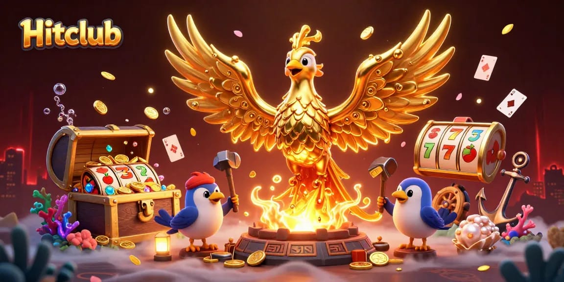 Hitclub captivates players with golden Phoenix and slot reels in a vibrant casino scene.