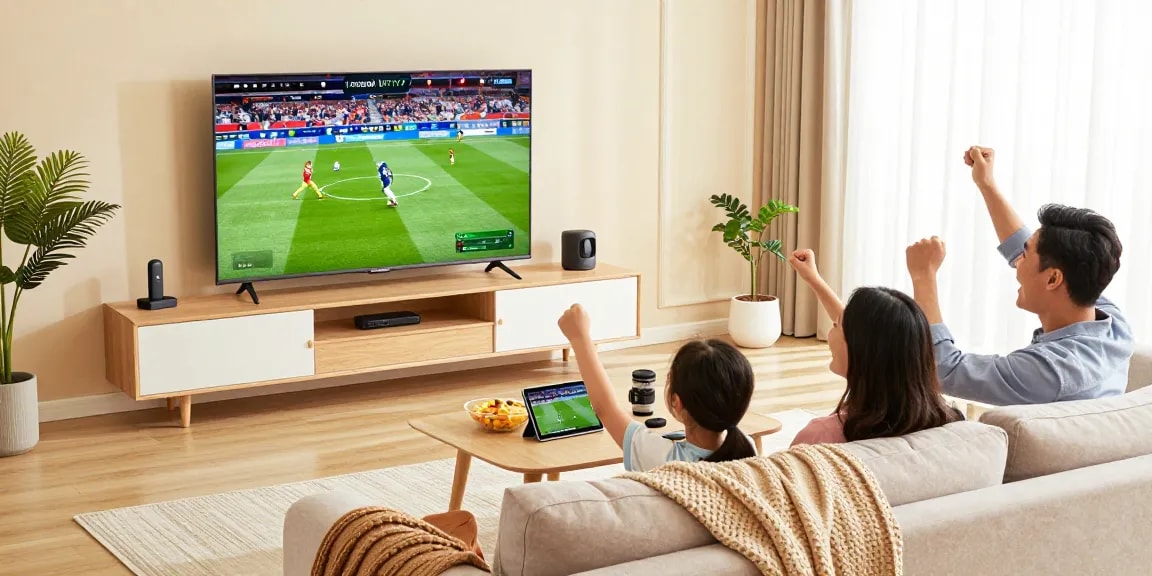 Experience premium IPTV service at https://ottoceean.com/ with family enjoying sports entertainment.