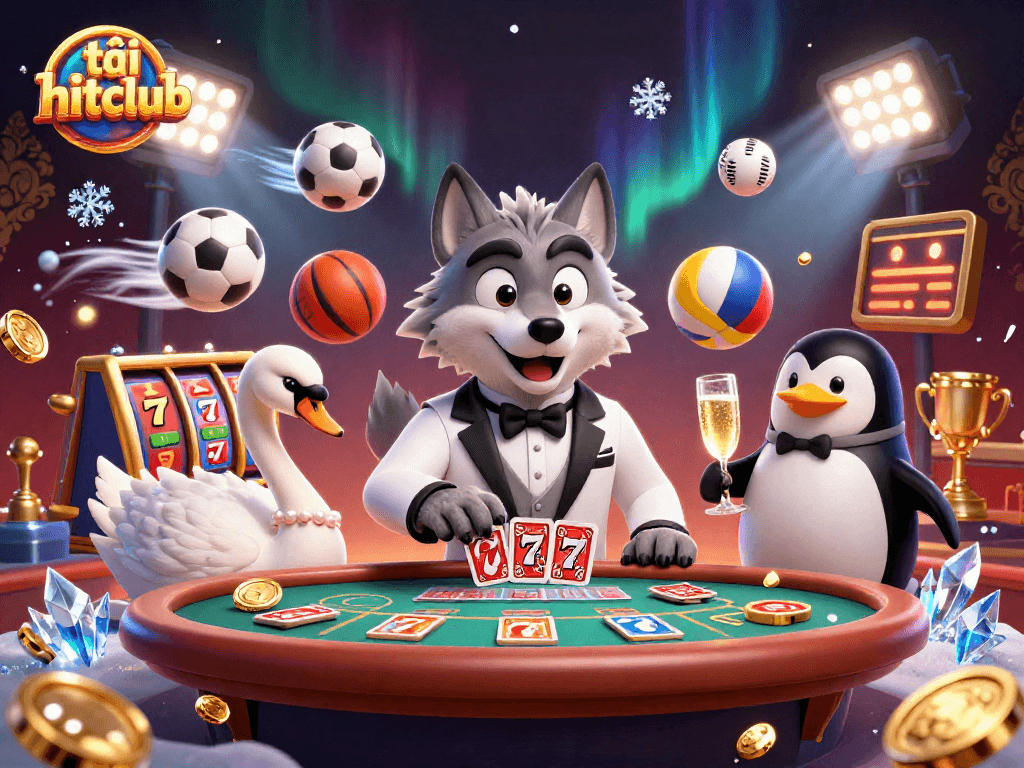 Bet on the best, tải hitclub with a stylish debonair wolf and friends at an extravagant casino table.