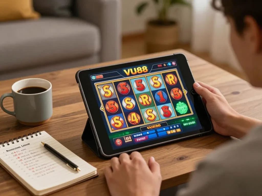 Player engaging in VU88 casino gaming on tablet in a cozy home setting, emphasizing strategic online play.