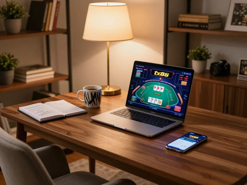 Player engaged in strategic online poker gameplay at tx88 on a sleek laptop with notes and coffee