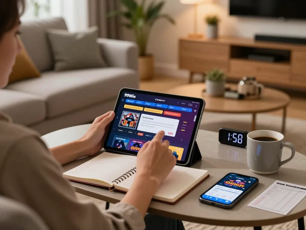 Engaged player using 99Win on tablet at home, showcasing responsible gambling practices.