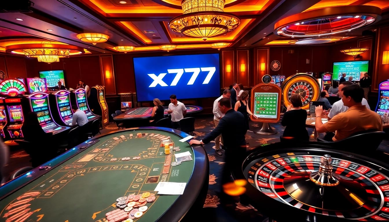 x777 - players enjoying a high-energy atmosphere at a casino, with poker tables and slot machines.