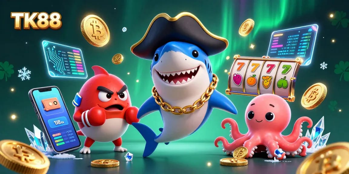 Win big with TK88's vibrant 3D pirate-themed casino illustration featuring gold coins and gaming elements.