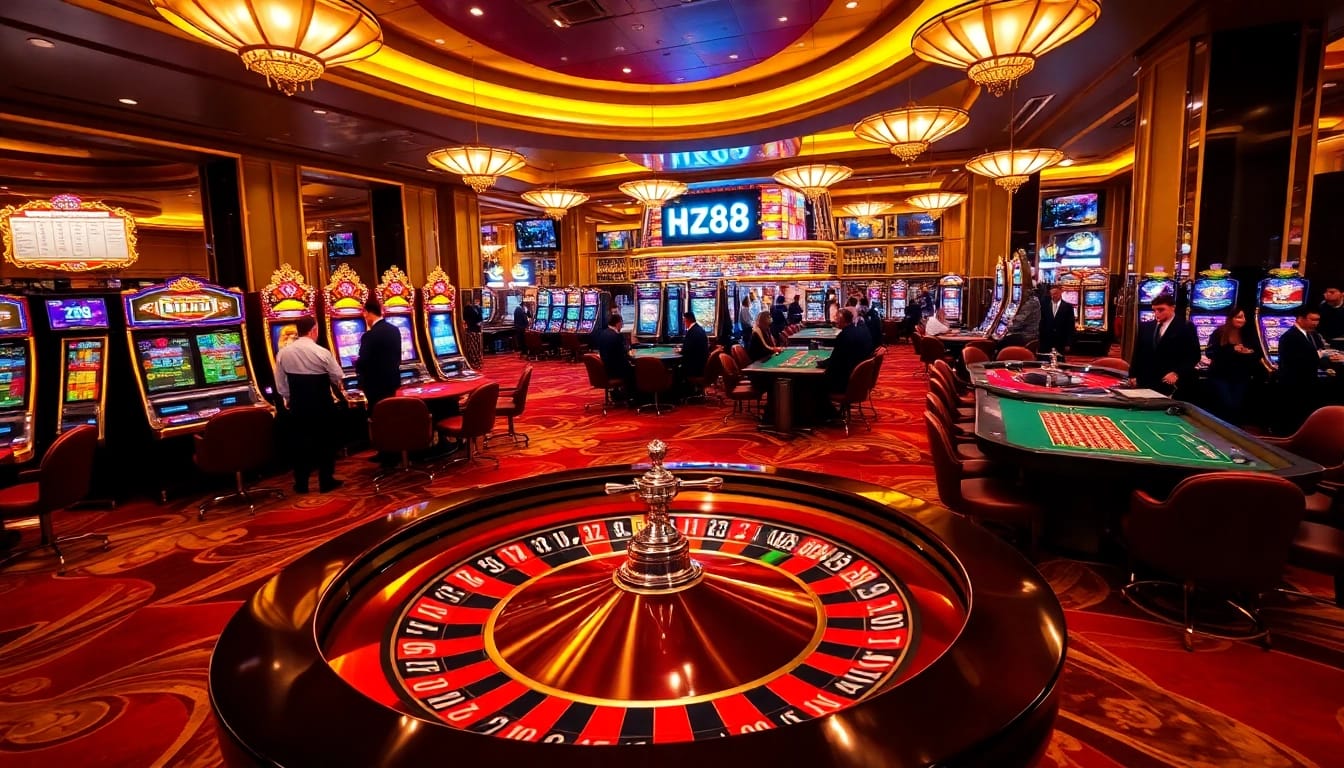 Exciting gambling action at HZ88 casino showcasing roulette wheel and vibrant slot machines.