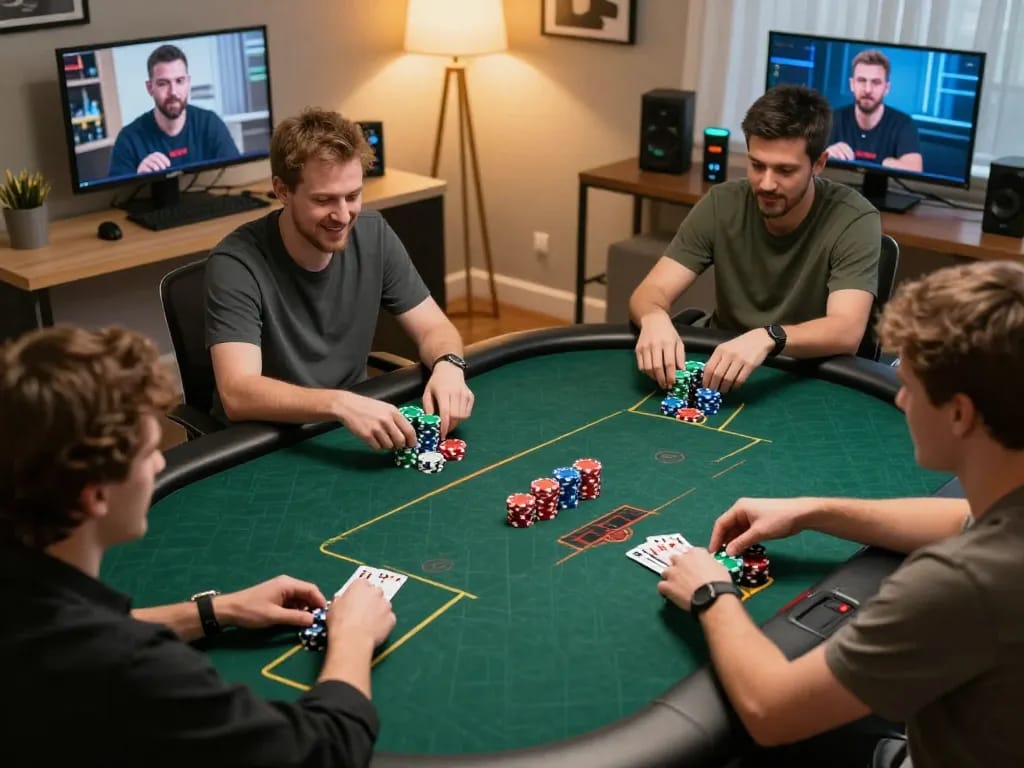 Lode88 online poker session with players engaged, chips on display, in a cozy home office