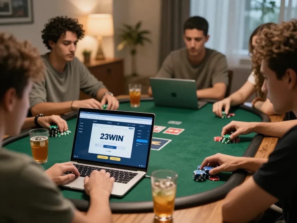 Players enjoying an engaging poker session at home with the 23win link interface open, demonstrating strategic gameplay.