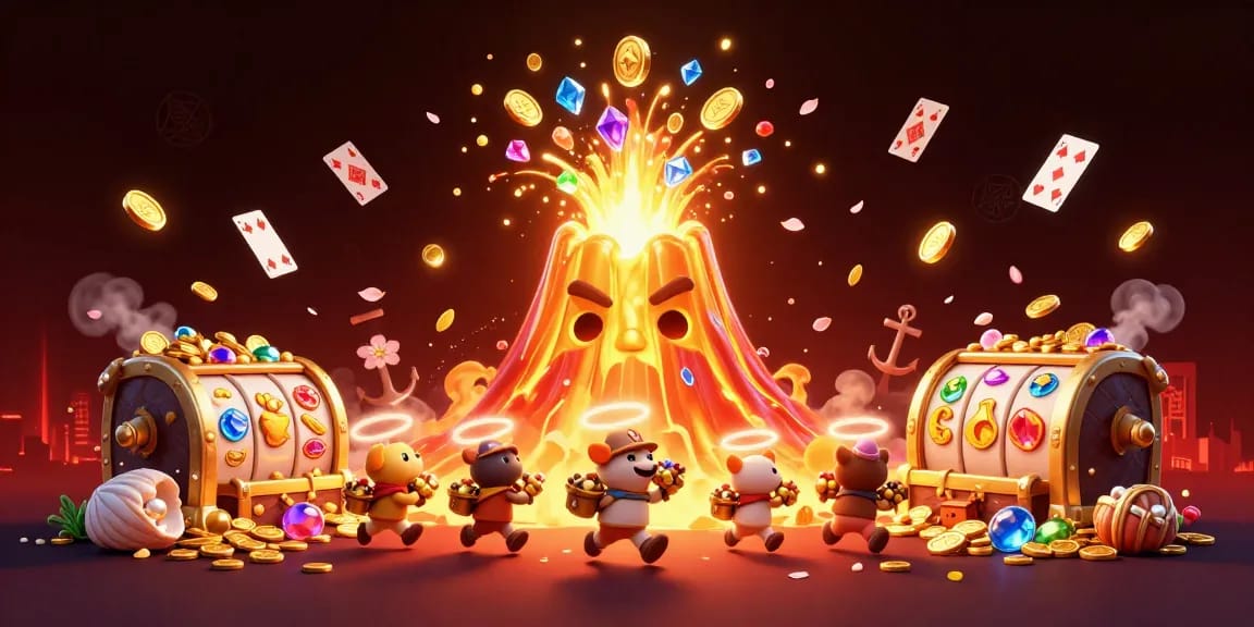Experience excitement at MV66 with a triumphant volcano and a bounty of treasures erupting.