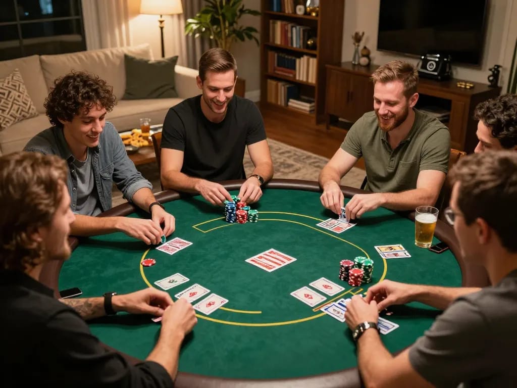 CK444 home poker night with friends enjoying Texas Hold'em in a cozy living room.