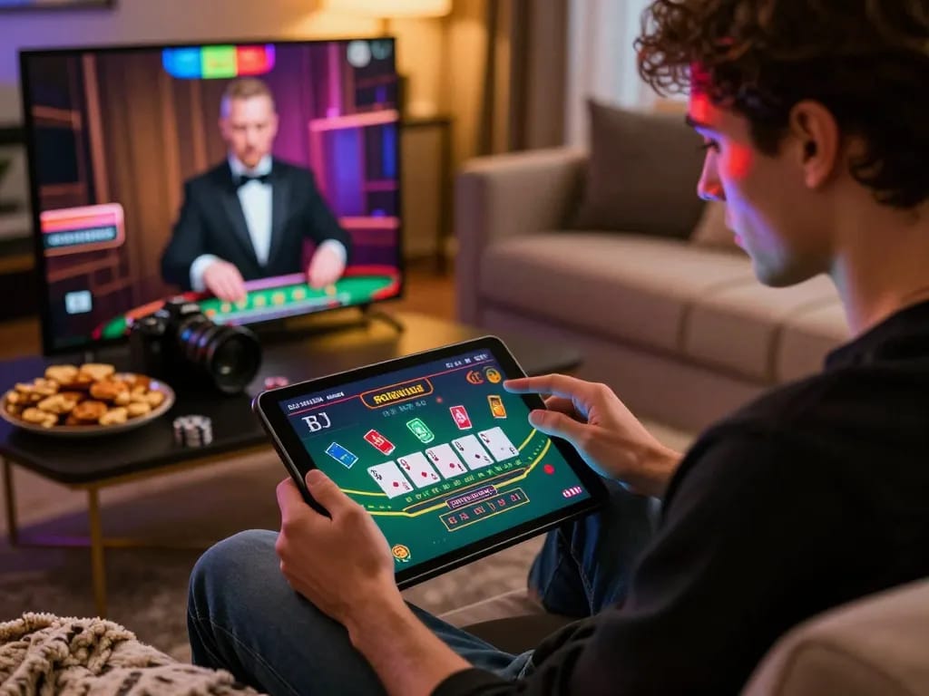 Player engaging in blackjack on NK88 platform in a cozy home setting