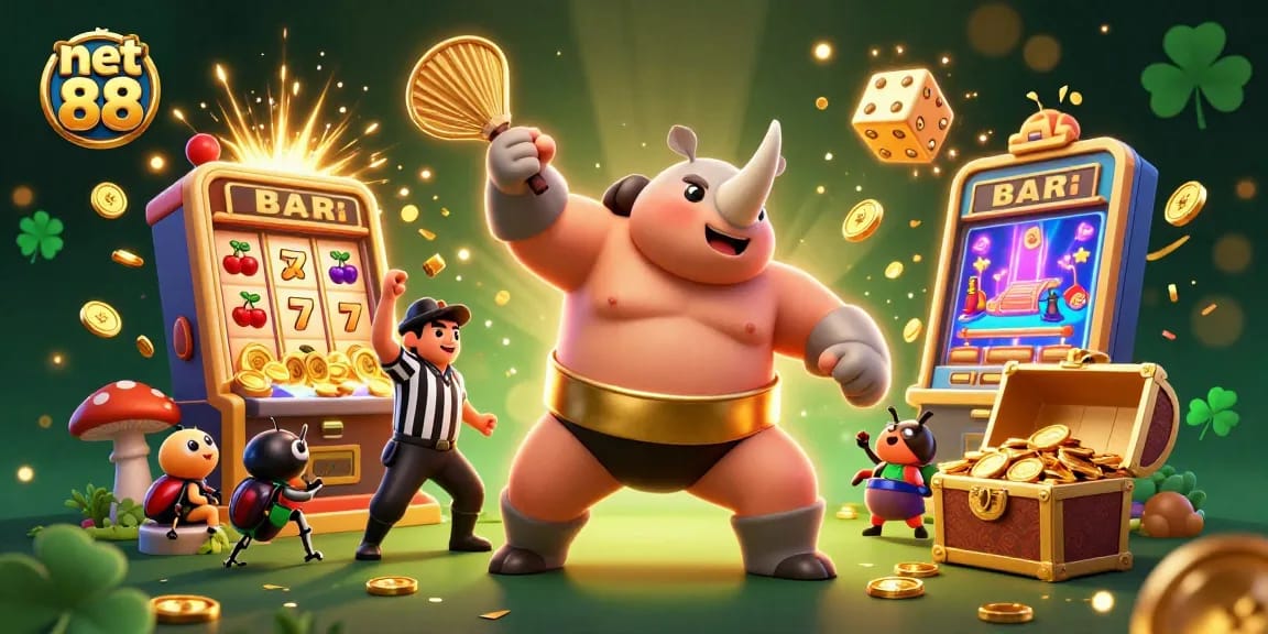 Experience thrilling action with net 88 as a rhinoceros beetle champion stomps and scatters coins in a vibrant casino.