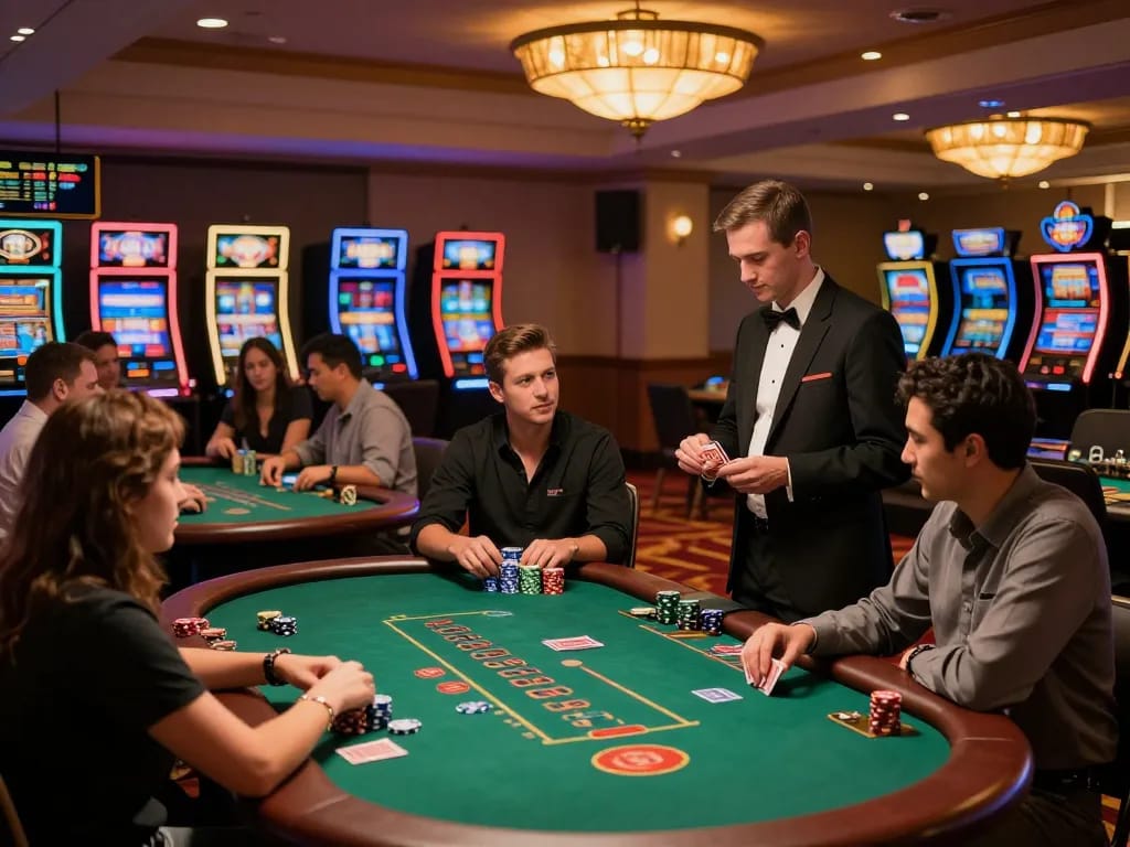 Exciting gameplay at www.kkwinzz.com blackjack tables in a vibrant upscale casino environment.