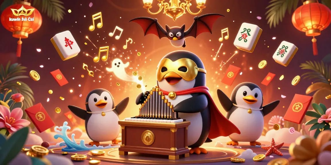 Experience kuwin nhà cái with a vivid illustration of a penguin and bat in a lively casino scene.