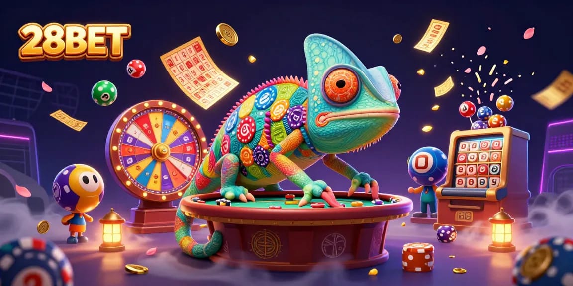 Win big with 28BET as vibrant lottery balls and golden coins swirl around a chameleon casino owner.