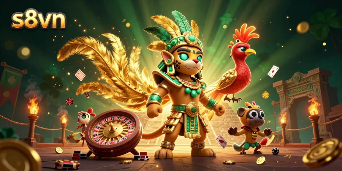 S8VN enhances excitement at the casino with Mayan-themed characters engaging in vibrant betting activities.