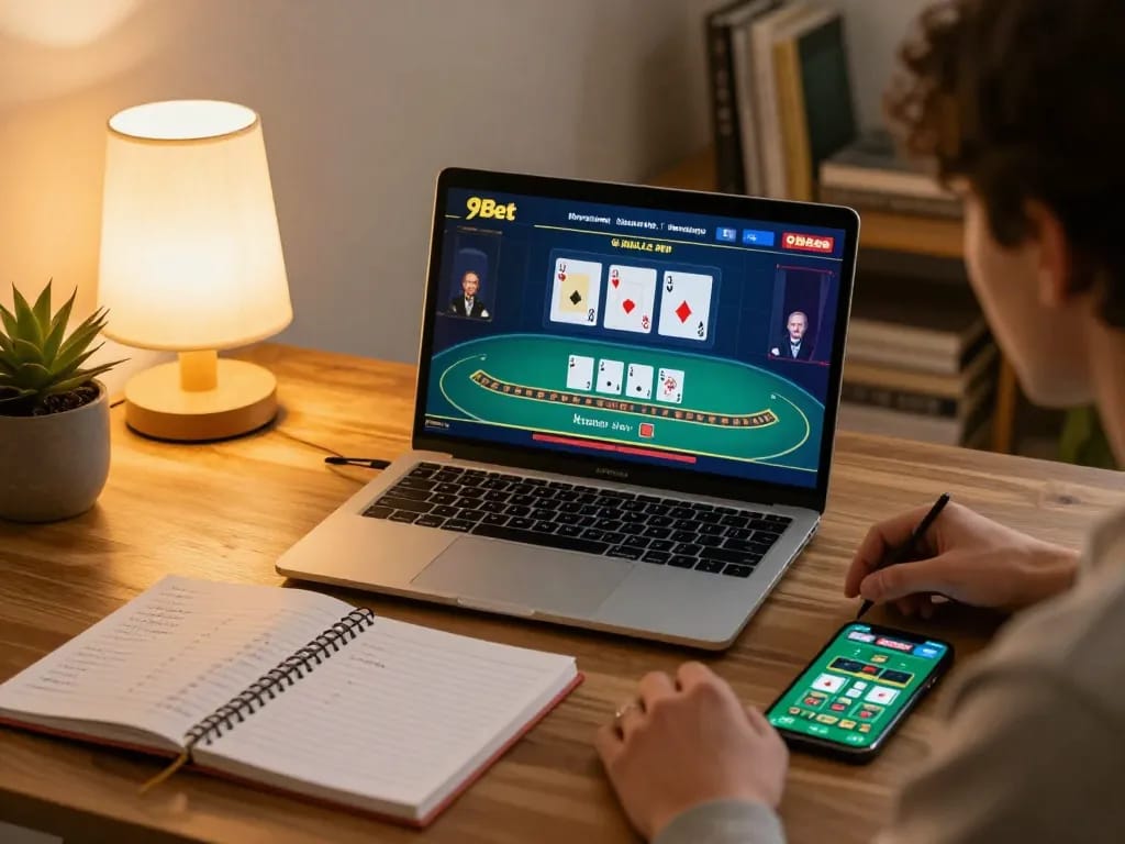 Enjoying 9Bet's live dealer blackjack with strategic notes in a cozy home setup.
