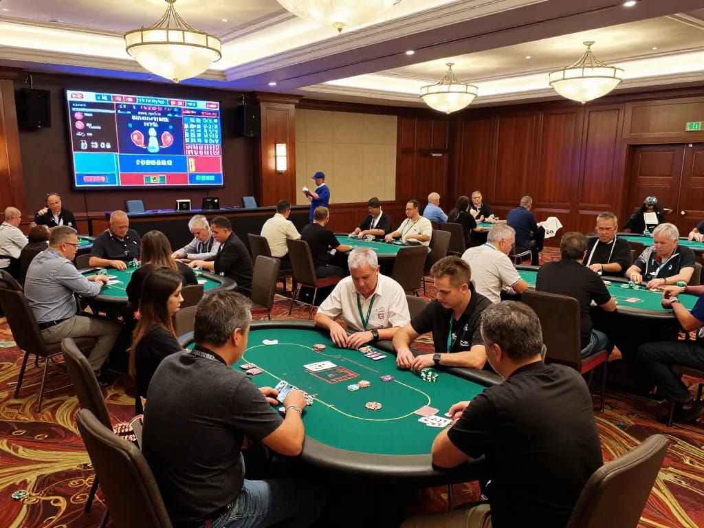 Engaged players at a vibrant poker tournament under warm casino lighting showcasing debet strategy.