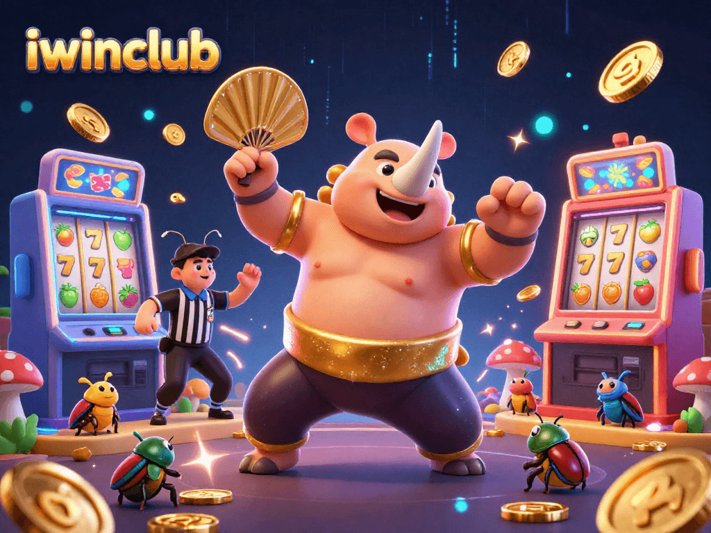 iwinclub features a dynamic scene with a sumo beetle champion amidst colorful slot machines, engaging action-packed casino experience