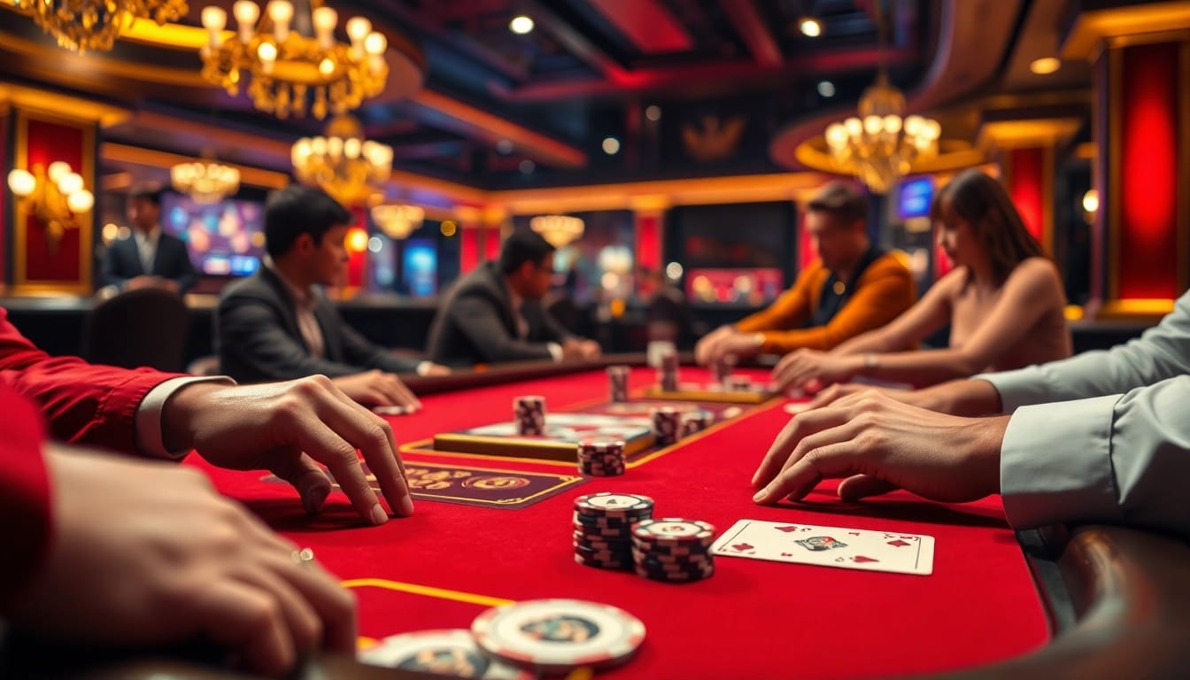 Exciting poker action at an opulent casino table, highlighting an okwin gaming atmosphere.