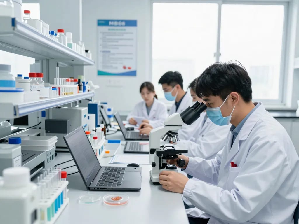 Researchers analyzing data and samples for MB66 development in a bright laboratory.
