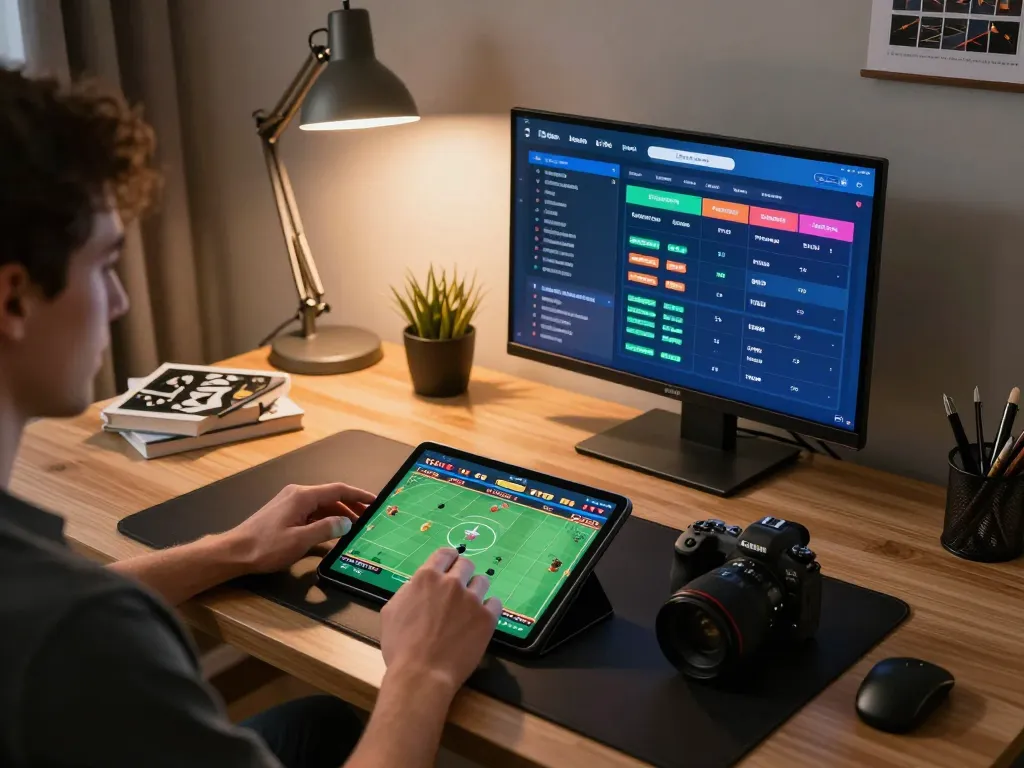 FC88 player engaging in live sports betting on tablet with strategic materials visible.