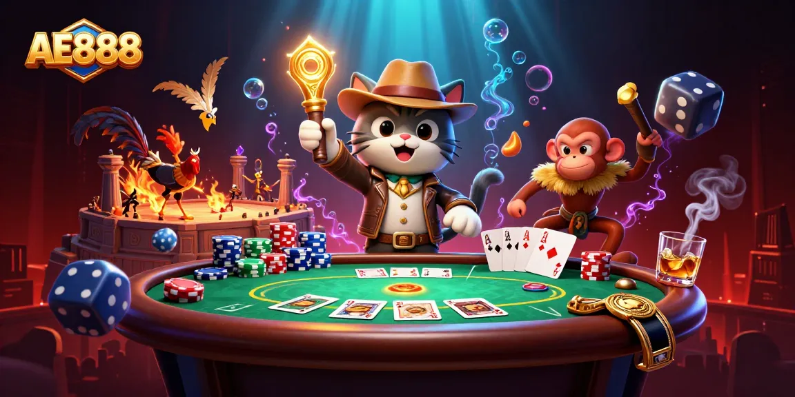 Engage in AE888 casino adventures featuring a cat archaeologist and monkey amidst dynamic cockfighting elements.