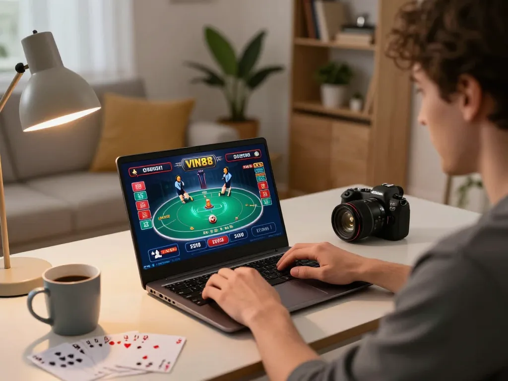 Engaging player at home using VIN88 online casino app to strategize poker gameplay.