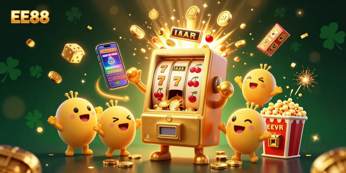 Experience the vibrant world of EE88 with a cartoon slot machine celebrating a jackpot in a dynamic casino scene.