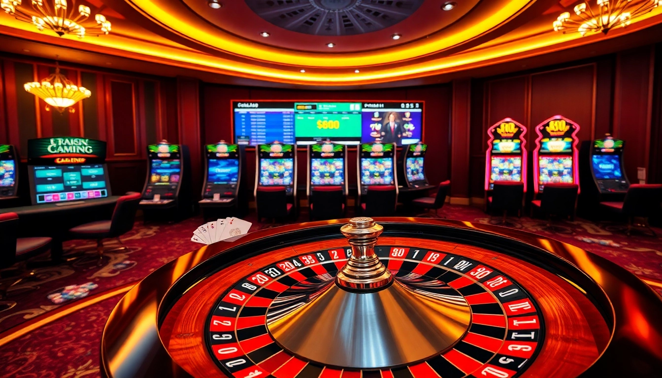 A gambler enjoying an exciting casino experience with interactive games at https://bj881.it.com/, featuring vibrant slot machines and poker tables.