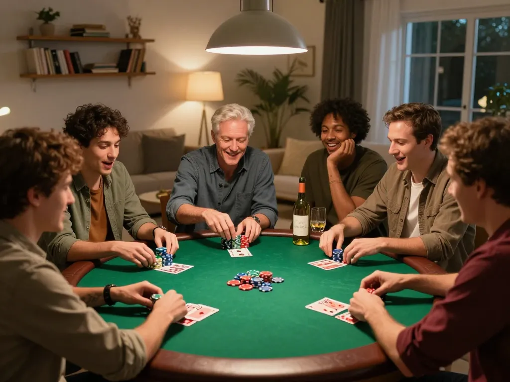 A group of friends enjoying a lively poker night at home, capturing the excitement of gameplay at https://vk88.vc/ with poker chips stacked high and relaxed atmosphere.