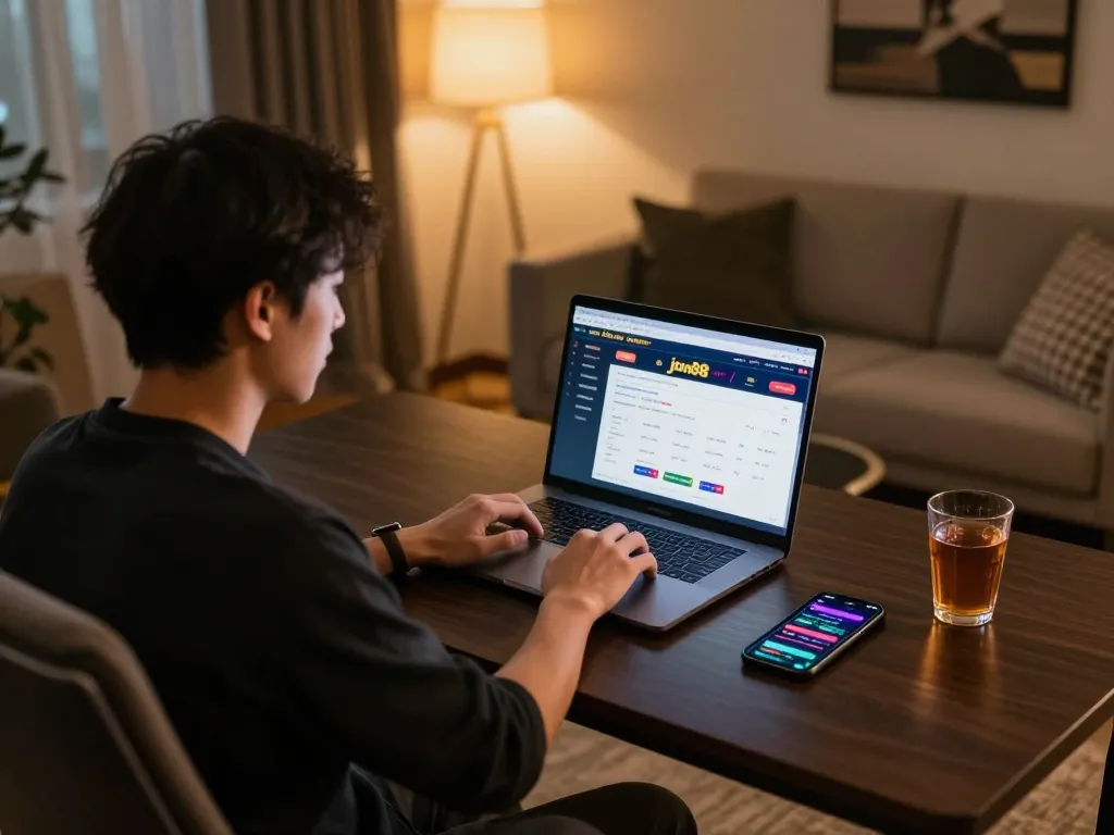 Player engaging with nhà cái jun88 online platform during a strategic gaming session in a modern home office.
